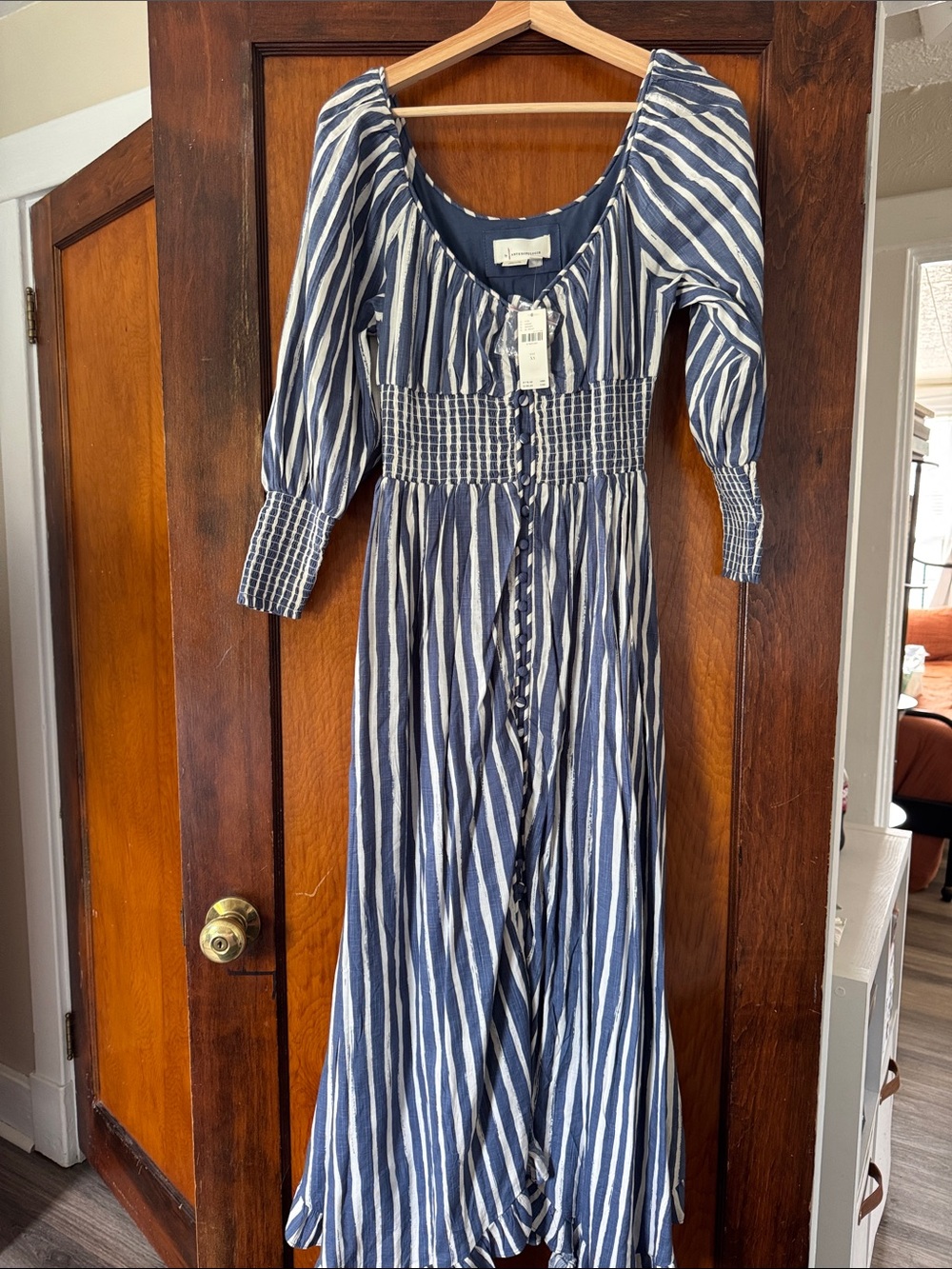 Anthropologie Navy and White Striped Smocked-Waist Maxi Dress